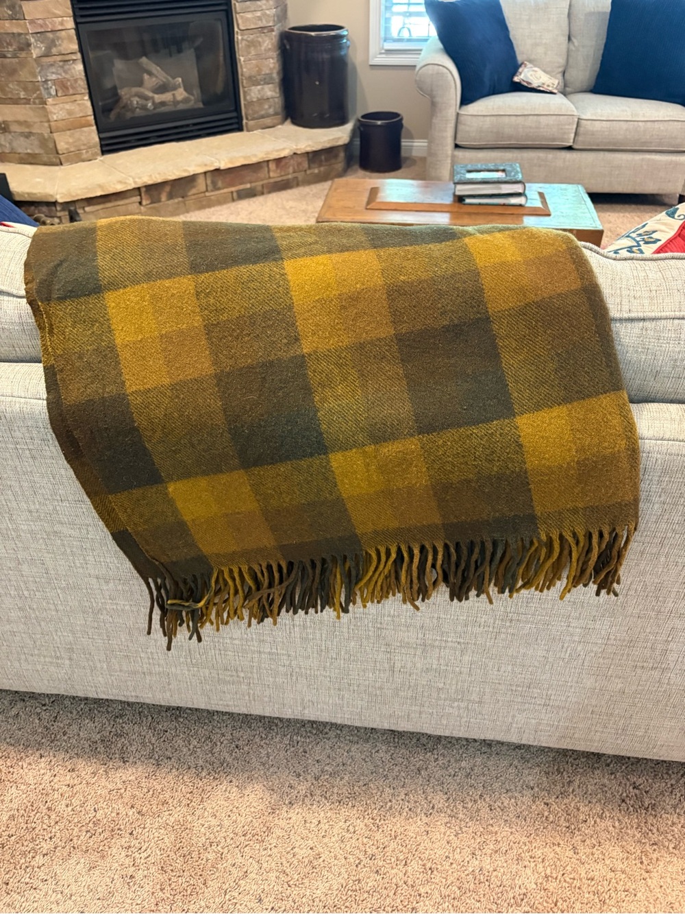 Pendleton Vintage Mustard Olive Plaid Fringe Wool Throw Blanket 53”x78